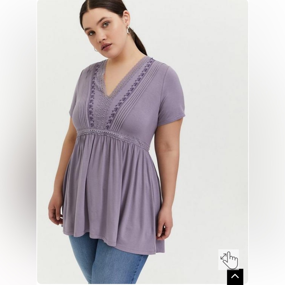 Torrid Super Soft Slate Grey Embroidered Pintuck Babydoll Top Sz 00 Medium